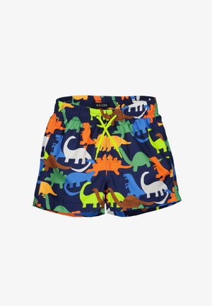 Zwemshorts gemaakt van stof met een multicolor dinosauruspatroon op een marineblauwe achtergrond. Voorzien van een elastische tailleband en koordsluiting.