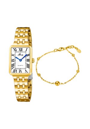 Prostokątny zegarek na nadgarstek w złotym odcieniu z białą tarczą, niebieskimi wskazówkami, rzymskimi cyframi oraz dopasowaną złotą bransoletą z okrągłymi koralikami.