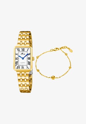 Obdĺžnikové hodinky v zlatej farbe s bielym ciferníkom, modrými ručičkami, rímskymi číslicami a zladeným zlatým náramkom s okrúhlymi korálikovými detailmi.