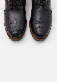 Par de zapatos brogue de cuero negro con perforaciones decorativas y bordes de suela marrones, vistos desde arriba sobre un fondo blanco.