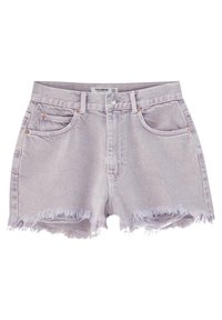 Jasnofioletowe krótkie spodenki jeansowe z wysokim stanem, postrzępionym obszyciem i miedzianymi elementami ozdobnymi. Posiadają dwie przednie kieszenie oraz klasyczny pięciokieszeniowy krój.
