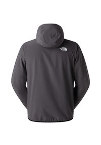 Grå hættetrøje i glat stof med et logo på ryggen, med lige snit og elastisk kant og ærmer for en sikker pasform.