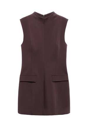 Sleeveless dark burgundy top with a high neckline, two front pockets, and a subtle seam detail, made from a smooth, structured fabric.