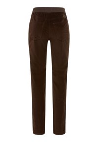 Bruine corduroy broek met een taps toelopend ontwerp, voorzien van een brede elastische tailleband en dubbele achterzakken.