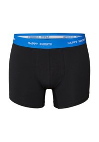 Zwarte katoenen boxershorts met een blauwe elastische tailleband waarop "HAPPY SHORTS" in witte letters is gedrukt. Klassiek trunkontwerp, gladde textuur.