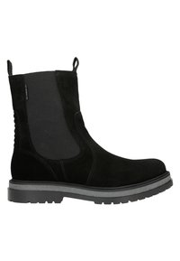 Stivaletto in camoscio nero con pannelli laterali elastici, linguette per il pull e una suola in gomma grigia robusta. Presenta un design cucito per una maggiore texture.
