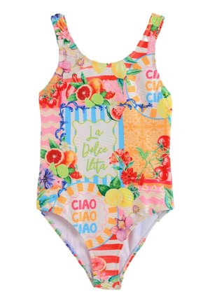 Bunter Badeanzug in Einteiler-Optik mit Früchten, Blumen, Streifen und Text mit den Worten „La Dolce Vita“ und „Ciao“ in mehreren Farben.