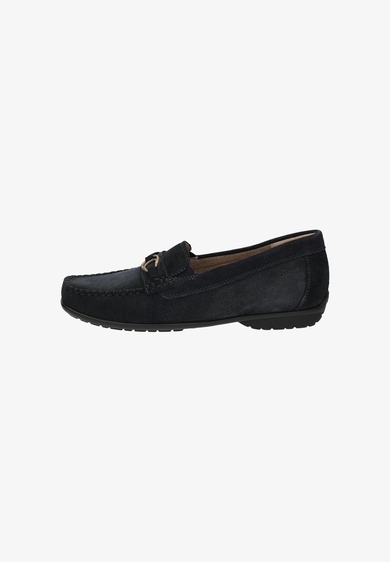 Mocassin pour homme en daim noir avec couture mocassin, semelle en caoutchouc et un lacet décoratif en cuir sur le dessus.