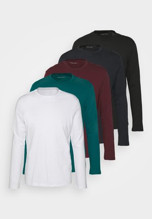 Set of five long-sleeve t-shirts in white, teal, burgundy, dark navy, and black. Cotton blend fabric with round neckline and regular fit.