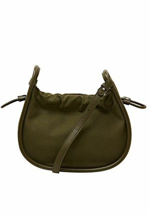 Sac d'épaule en tissu vert foncé avec sangle en cuir réglable et bords arrondis, conçu pour une utilisation décontractée.