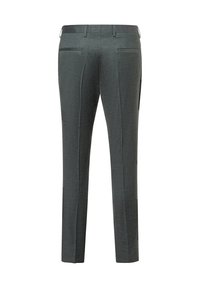 Gray tailored trousers with a smooth texture, straight cut, and two back pockets. Features a flat waistband with belt loops.