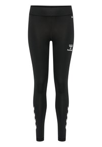 Leggings sportivi neri realizzati in materiale elasticizzato, con logo bianco e strisce accentuate sui lati. Design aderente e lunghezza alla caviglia.
