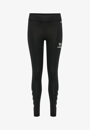 Czarne legginsy sportowe wykonane z elastycznego materiału, z białym logo i akcentującymi paskami po bokach. Dopasowany krój, długość za kostkę.