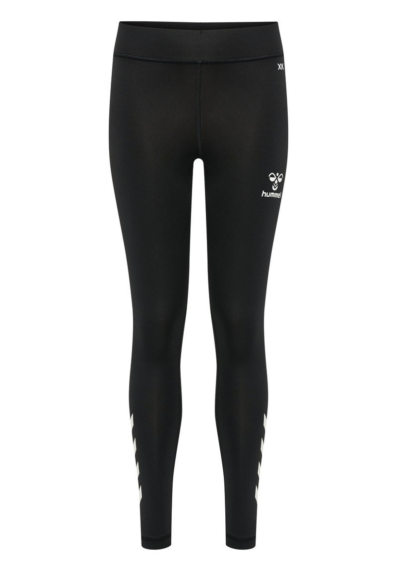 Leggings sportivi neri realizzati in materiale elasticizzato, con logo bianco e strisce accentuate sui lati. Design aderente e lunghezza alla caviglia.