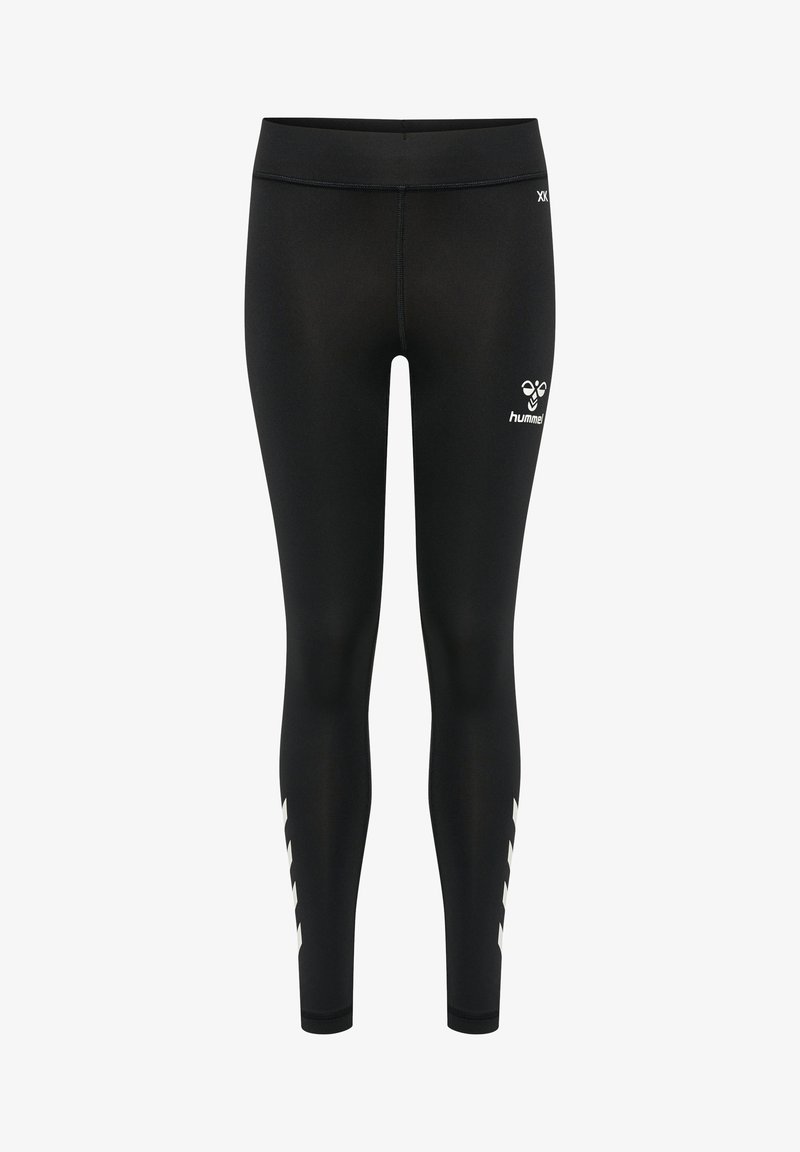 Zwarte sportleggingen gemaakt van rekbaar materiaal, met een wit logo en accenten in de zijkanten. Strak en enkel-lang ontwerp.