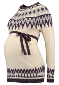 Sweter ciążowy dzianinowy w kolorze kremowym z purpurowymi wzorami geometrycznymi. Posiada długie rękawy oraz pasek do przewiązywania w talii, umożliwiający regulację dopasowania.