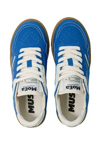 Modré plátěné tenisky s bílými šňůrkami a hnědými gumovými podrážkami. Obsahují perforovanou oblast na špičce a značkování na jazyku a stélce.