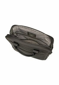 Schwarze Aktentasche mit offenem Hauptfach, das ein gepolstertes Innenleben, eine mit Reißverschluss gesicherte Tasche und zwei Tragegriffe zeigt.