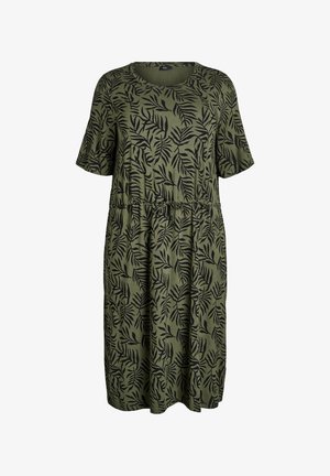 Alyvuogių spalvos suknelė su trumpomis rankovėmis, puošta juodais lapų raštais. Dizainas apima elastingą liemenį ir laisvą siluetą.