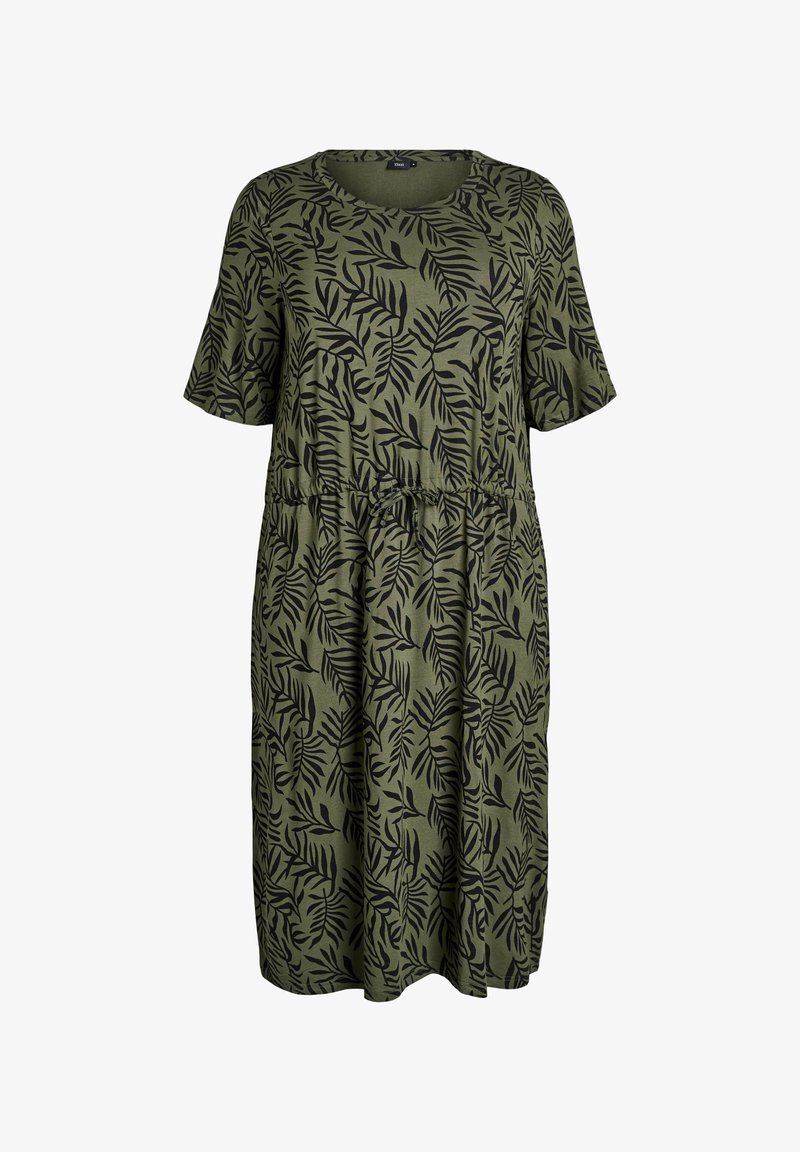 Oliven grøn kjole med korte ærmer, prydet med et sort bladmønster. Designet inkluderer en elastisk talje og en afslappet pasform.