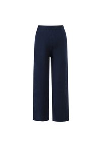 Marineblauwe wijde broek met een hoge taille en zonder zichtbare zakken of versieringen, weergegeven op een witte achtergrond.