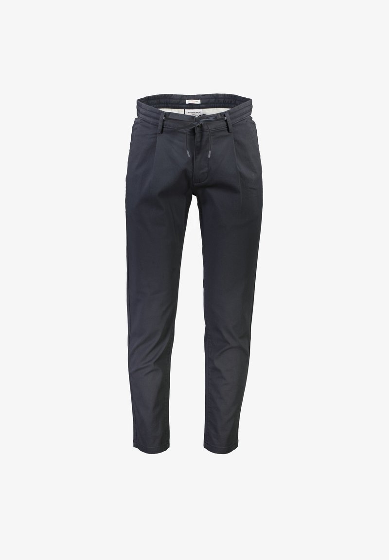 Pantalon en coton marine avec une taille élastique, détail de cordon de serrage, jambes fuselées et poches latérales. Texture lisse sans motifs visibles.