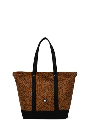 Sac fourre-tout à imprimé léopard marron avec accents noirs, deux poignées et fermeture éclair. Extérieur en tissu avec une texture lisse. Fond renforcé.