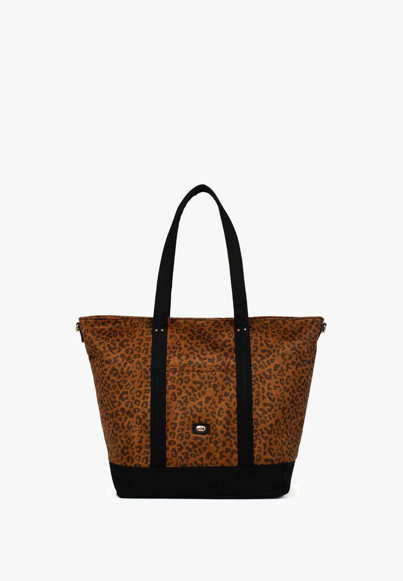Borsa a tracolla con stampa leopardata marrone e dettagli neri, con manici doppi e chiusura a zip. Esterno in tessuto con una superficie liscia. Fondo rinforzato.