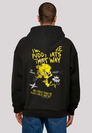 Black hoodie made of cotton, featuring a large yellow cartoon graphic on the back with text and expressive design elements.