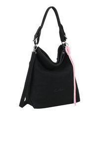 Zwarte canvas tas met een slouchy ontwerp, schouderriem, zilverkleurige hardware en een roze accentkoord. Voorzien van een ritssluiting voor toegang.