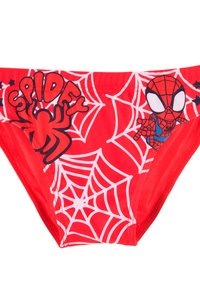 Rote Badehosen mit Spider-Man Grafiken, Netzmuster und Logo. Hergestellt aus glattem, dehnbarem Material für Komfort und Flexibilität.