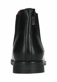 Stivale alla caviglia in pelle nera con pannelli laterali elastici, punta tonda e tacco basso impilato. Presenta un branding sottile di lato.