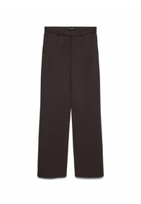 Temno rjave široke hlače iz gladkega blaga, z sprednjimi žepi in pasom za pas. Preprost dizajn, brez vidnih vzorcev.