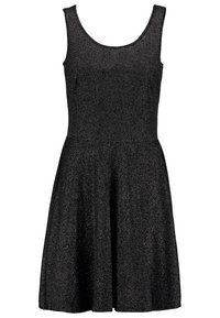 Robe noire sans manches avec paillettes argentées sur toute la surface, jupe évasée, encolure dégagée et taille cintrée.