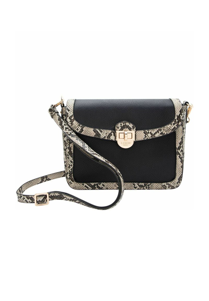 Schwarze Lederhandtasche mit einem Schlangenledermuster an den Rändern und dem Tragegurt, ausgestattet mit einem goldenen Verschluss und einer eleganten rechteckigen Form.