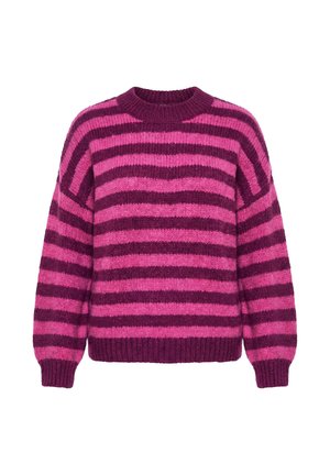 Stevige gebreide trui met horizontale donkerpaarse en roze strepen, lange mouwen en een geribde ronde hals, manchetten en zoom.