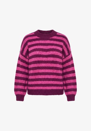 Grober Strickpullover mit horizontalen dunkelvioletten und pinken Streifen, langen Ärmeln und geripptem Rundhalsausschnitt, Bündchen und Saum.