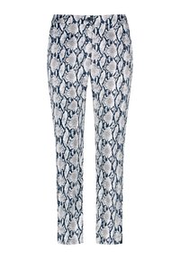 Witte en marineblauwe slangenprint broeken, slim fit, normale taillehoogte, met een knoopsluiting. Soepele textuur en strakke pasvorm.