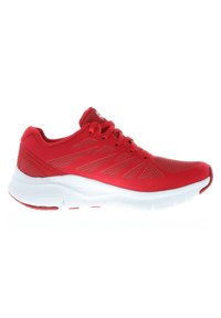 Red athletic shoes with a mesh upper, featuring a white midsole, textured accents, and patterned overlays for breathability and support.