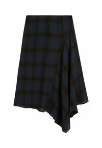 Jupe asymétrique en bleu foncé avec un motif écossais vert, fabriquée en tissu léger, présentant un ourlet qui tombe doucement et une fermeture éclair dissimulée.