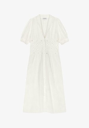 Weißes Kleid mit kurzen Puffärmeln, Knopfleiste vorne und einem Mittelteil mit filigraner Spitzenverzierung. Strukturierter Stoff.