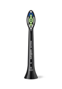 Tête de brosse Philips Sonicare noire avec une forme ovale. Le motif des poils présente des accents verts, bleus et blancs. Compatible avec les modèles électriques.