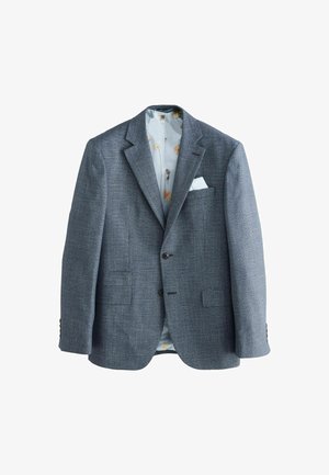 Grå tekstureret blazer med to forlommer og en enkelt brystlomme; har en lys mønstret indvendig foret.