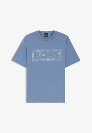 Light blue short-sleeve crew neck T-shirt with faded rectangular graphic and "BOSS" text across the chest.
