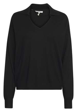 Maglione nero con scollatura a V e design con colletto. Maniche lunghe con polsini a coste e orlo a coste. Tessuto morbido e leggero.