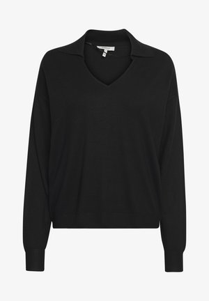 Svart tröja med V-ringning och kragdesign. Långa ärmar med ribbade ärmslut och ribbad nederkant. Mjuk, lätt tyg.