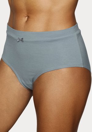 High-waisted gray cotton briefs with a smooth texture, featuring a small decorative bow at the waistband and a classic cut design.