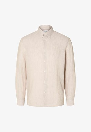 Helles beigefarbenes Leinenhemd mit einem Button-down-Kragen, langen Ärmeln und geradem Schnitt. Verfügt über eine durchgehende Knopfleiste und eine dezente Textur.