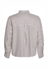 Tagantvaade pikkade varrukatega nööbitud särk, millel on tumesinised ja valged vertikaalsed ning horisontaalsed triibud ning keskel pleat.