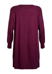 Robe à manches longues, bordeaux, présentée de dos, avec une coupe décontractée et des détails côtelés le long de l'ourlet et des manches.